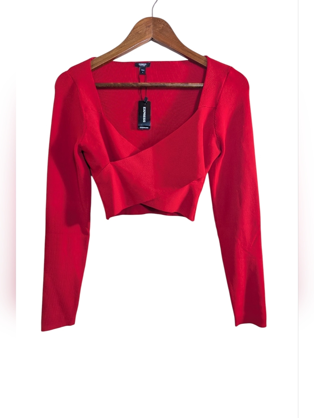Express Red Ribbed Rayon Nylon Blend Cropped Sweater Top NEW! - Picture 2 of 7